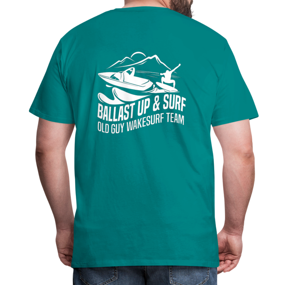 Ballast Up & Surf Men's Premium T-Shirt - Image on Back, WSS logo on front - teal