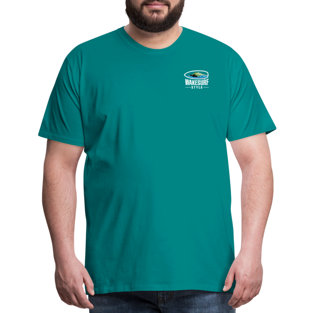 Get Off My Wake Men's Premium T-Shirt - Image on Back, WSS logo on front - teal