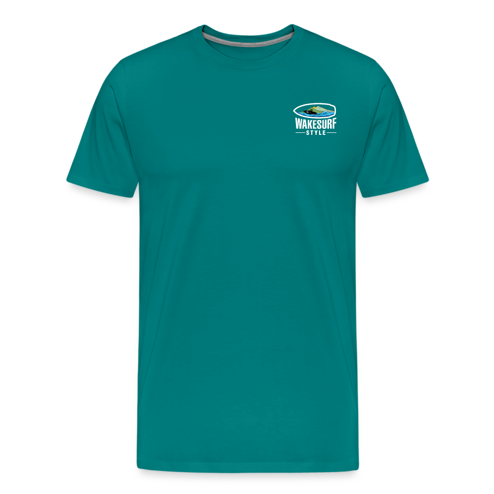 Get Off My Wake Men's Premium T-Shirt - Image on Back, WSS logo on front - teal