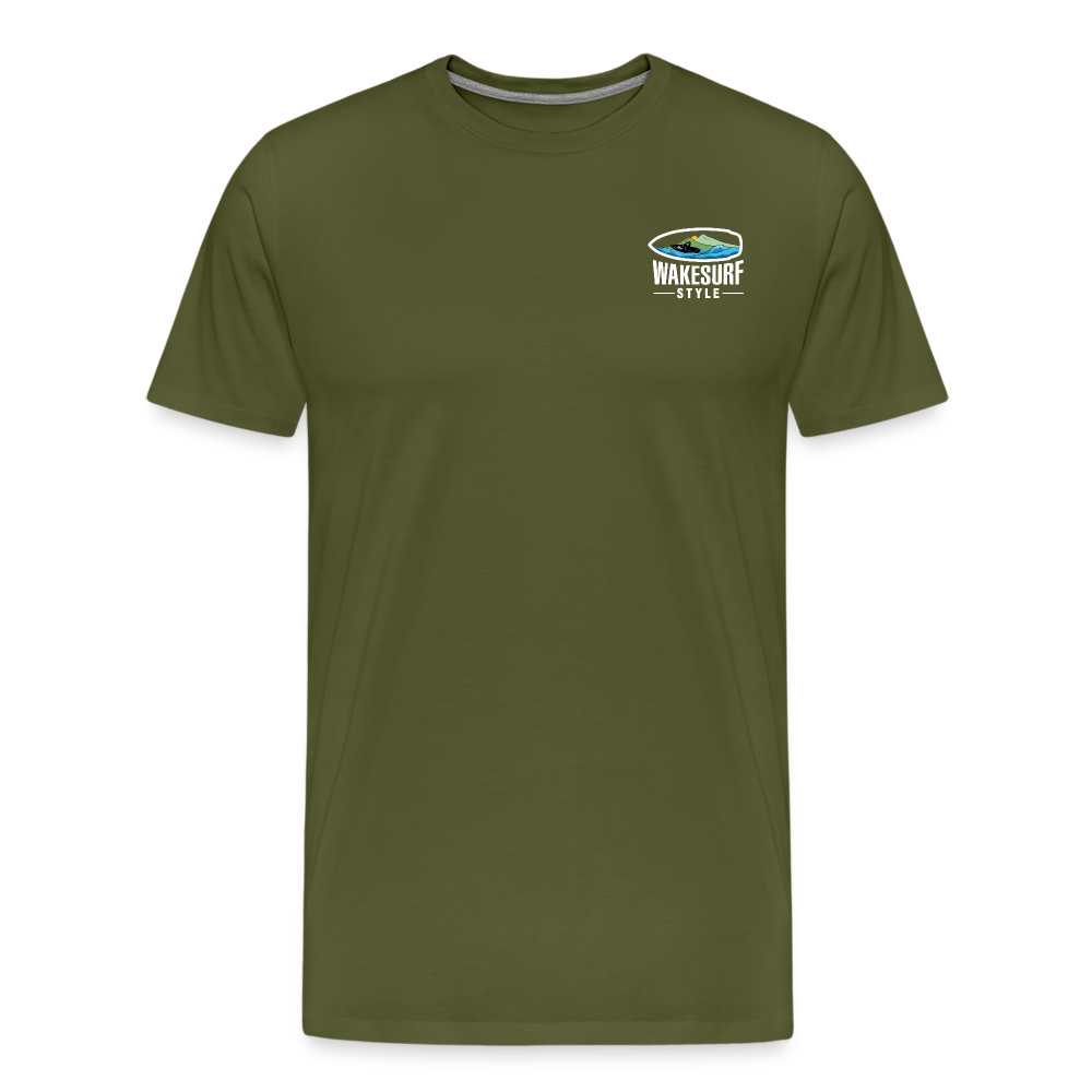 Get Off My Wake Men's Premium T-Shirt - Image on Back, WSS logo on front - olive green