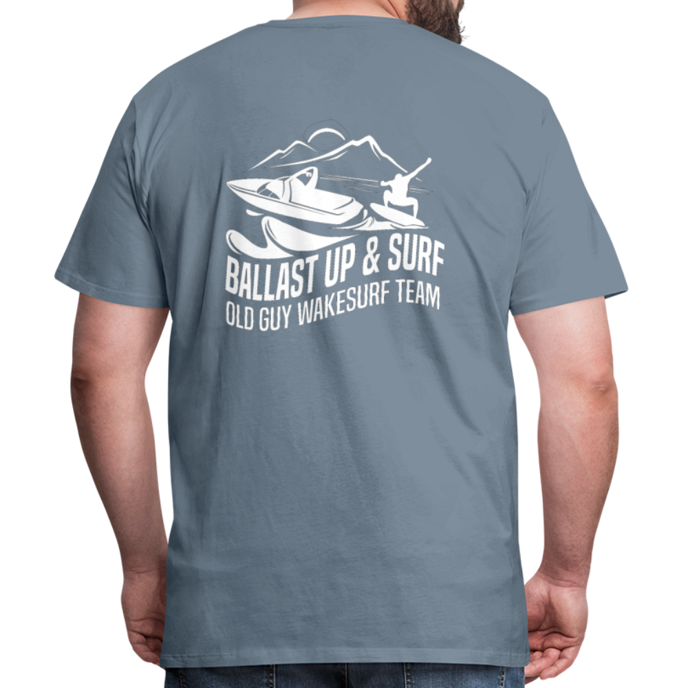 Ballast Up & Surf Men's Premium T-Shirt - Image on Back, WSS logo on front - steel blue