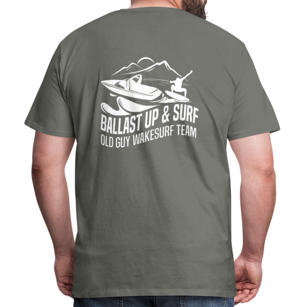 Ballast Up & Surf Men's Premium T-Shirt - Image on Back, WSS logo on front - asphalt gray