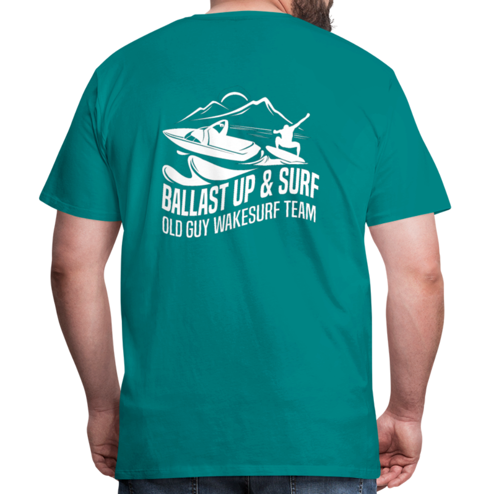 Ballast Up & Surf Men's Premium T-Shirt - Image on Back, WSS logo on front - teal
