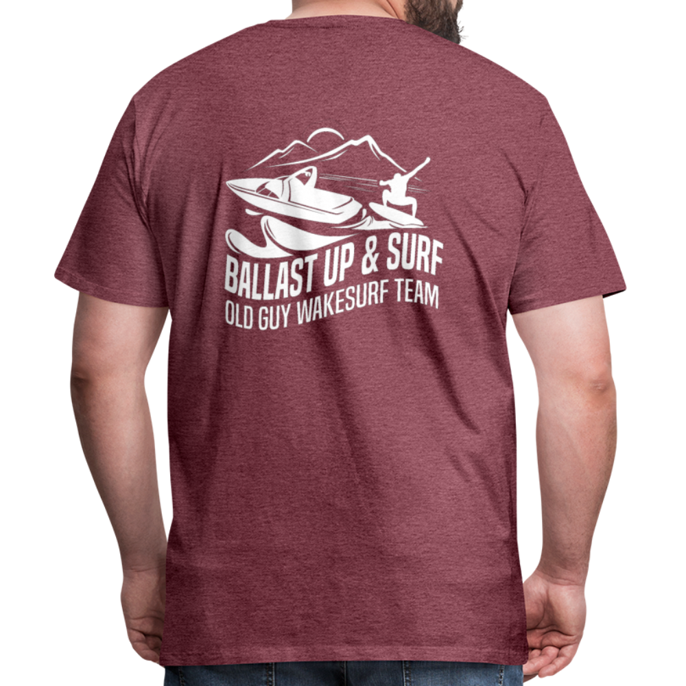 Ballast Up & Surf Men's Premium T-Shirt - Image on Back, WSS logo on front - heather burgundy