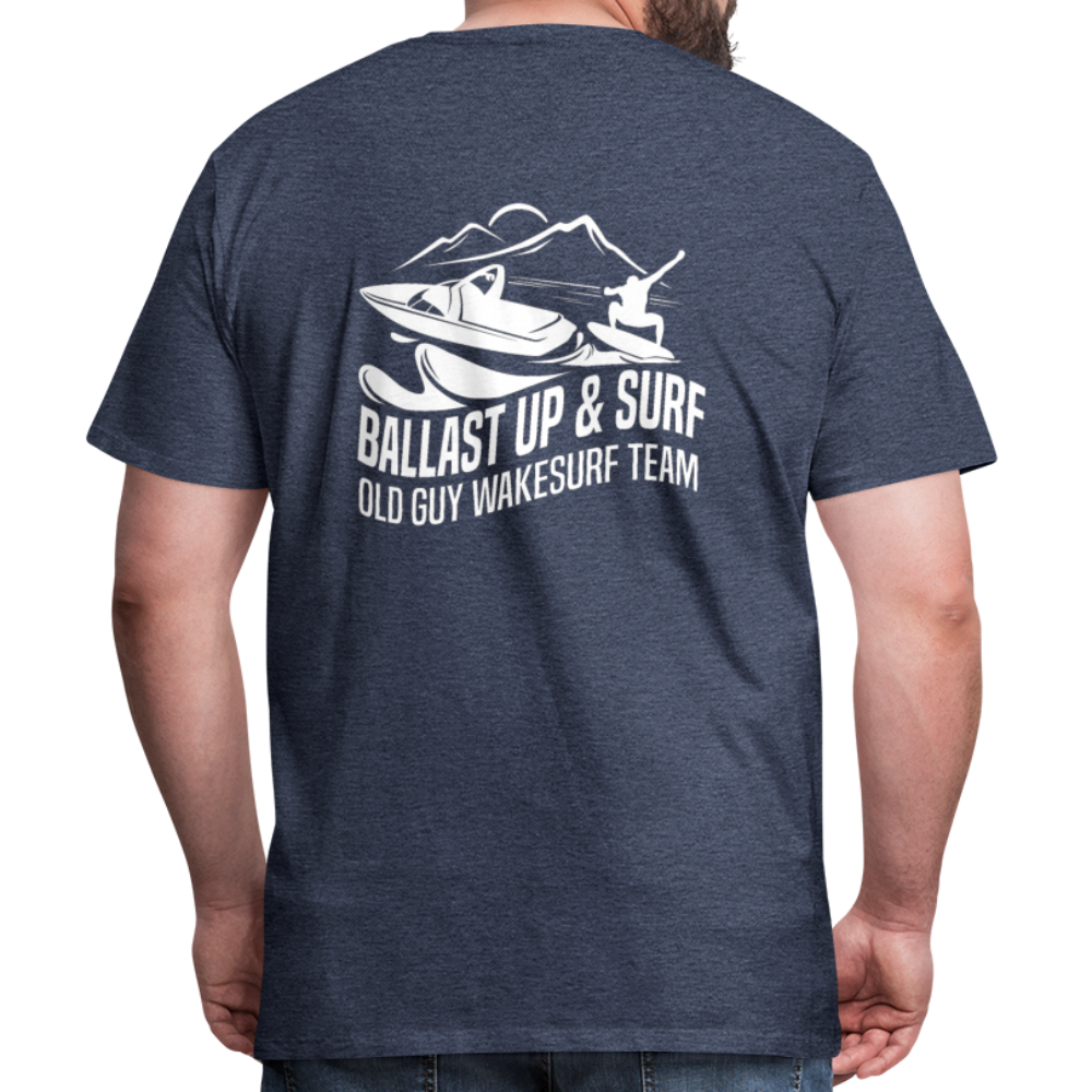 Ballast Up & Surf Men's Premium T-Shirt - Image on Back, WSS logo on front - heather blue
