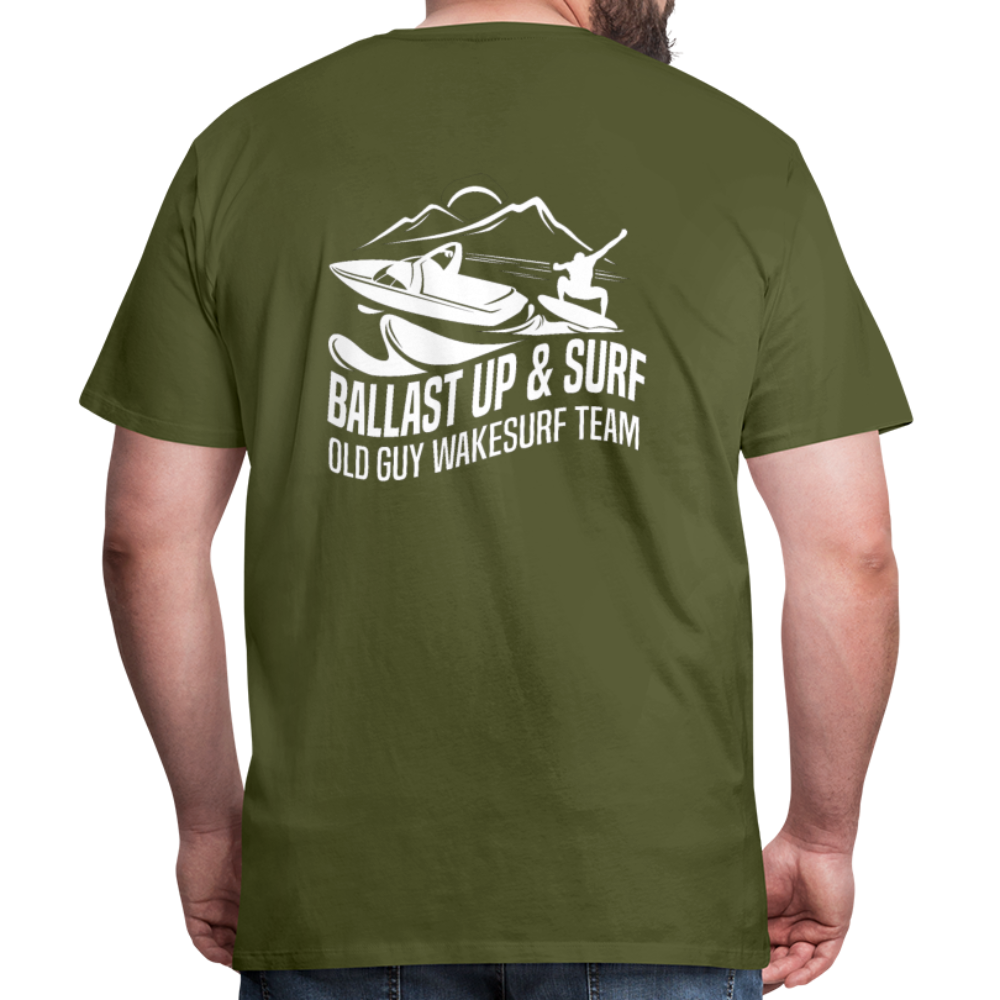 Ballast Up & Surf Men's Premium T-Shirt - Image on Back, WSS logo on front - olive green