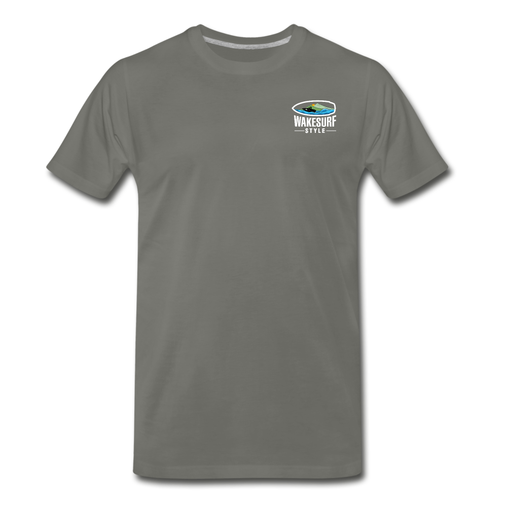 Get Off My Wake Men's Premium T-Shirt - Image on Back, WSS logo on front - asphalt gray