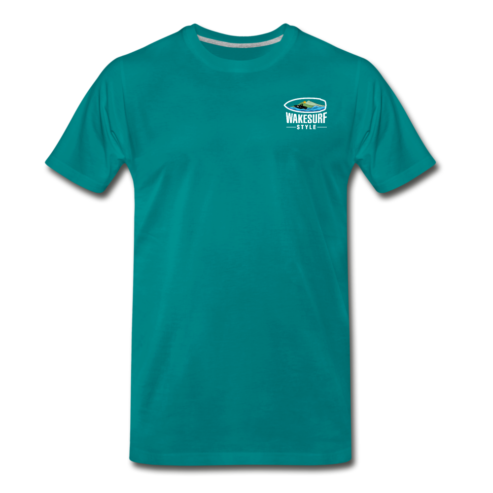 Get Off My Wake Men's Premium T-Shirt - Image on Back, WSS logo on front - teal