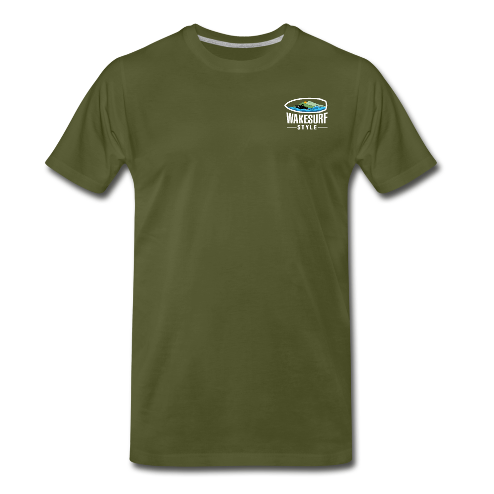 Get Off My Wake Men's Premium T-Shirt - Image on Back, WSS logo on front - olive green